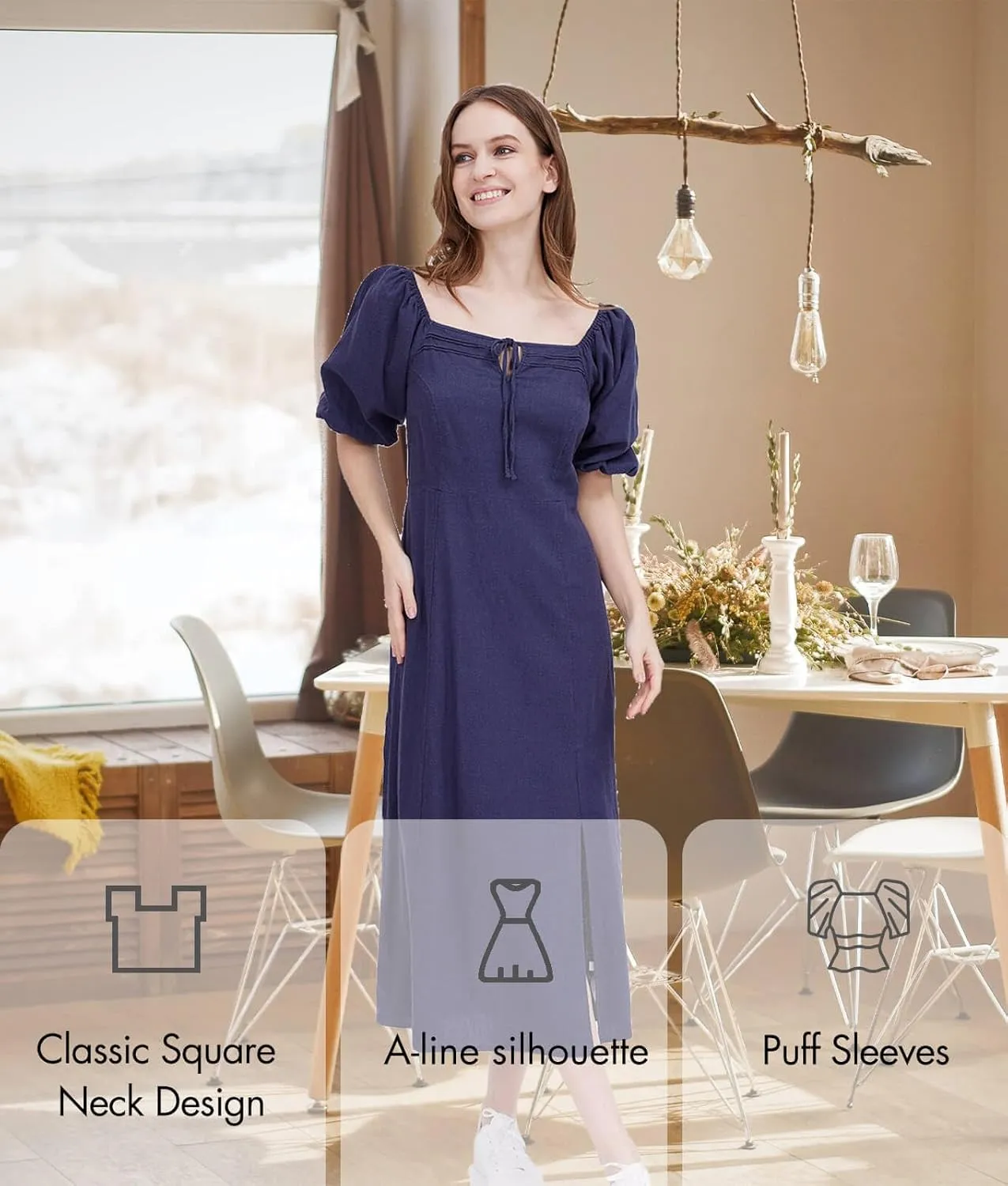 ASSUAL Womens Square Neck Midi Dress Short Puff Sleeve Side Split Smocked Back Casual Linen Dress for Summer