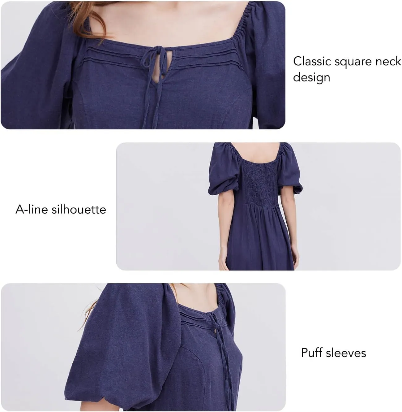ASSUAL Womens Square Neck Midi Dress Short Puff Sleeve Side Split Smocked Back Casual Linen Dress for Summer