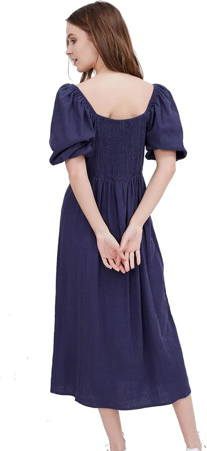 ASSUAL Womens Square Neck Midi Dress Short Puff Sleeve Side Split Smocked Back Casual Linen Dress for Summer