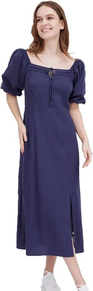 ASSUAL Womens Square Neck Midi Dress Short Puff Sleeve Side Split Smocked Back Casual Linen Dress for Summer