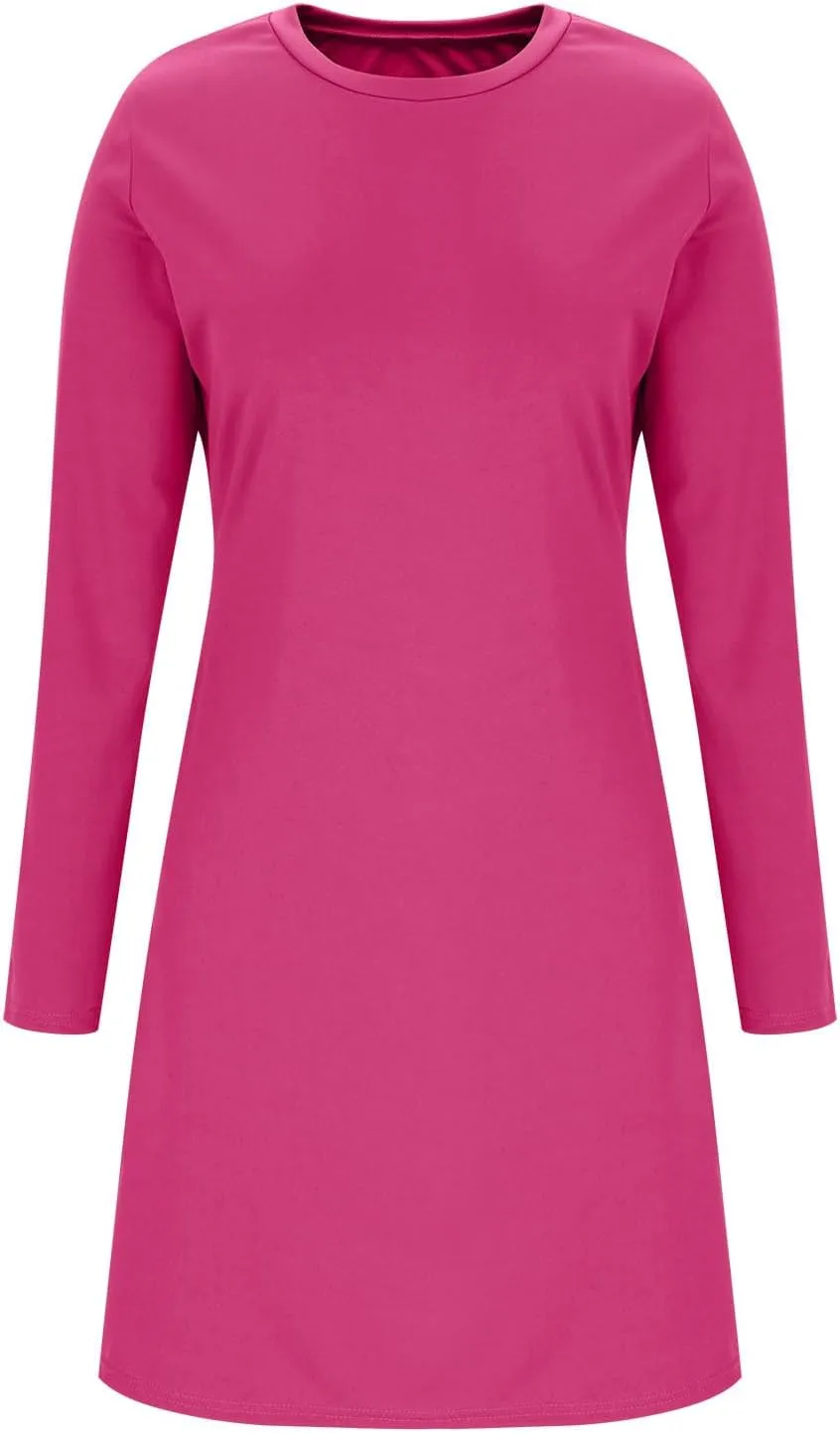 Autumn Dresses for Women 2024 Fashion Long Sleeve Plain Crewneck Dress Casual Dressy Semi Formal Midi Dress Fall Tops