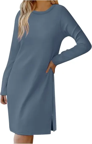 Autumn Dresses for Women 2024 Fashion Long Sleeve Plain Crewneck Dress Casual Dressy Semi Formal Midi Dress Fall Tops