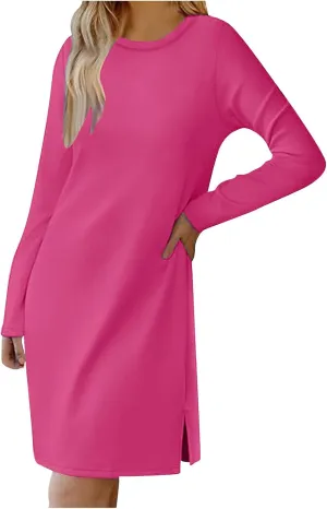 Autumn Dresses for Women 2024 Fashion Long Sleeve Plain Crewneck Dress Casual Dressy Semi Formal Midi Dress Fall Tops