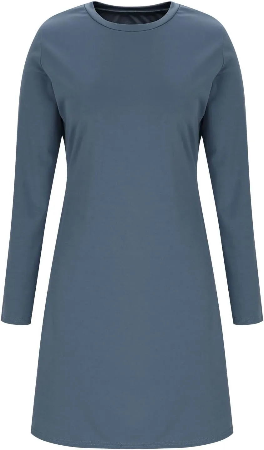Autumn Dresses for Women 2024 Fashion Long Sleeve Plain Crewneck Dress Casual Dressy Semi Formal Midi Dress Fall Tops