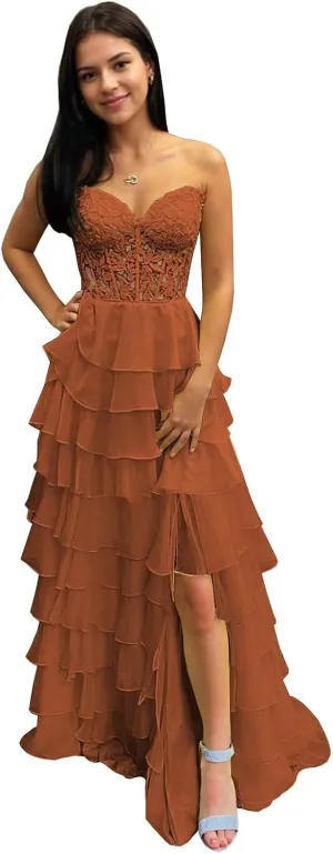 BANTRATIC Strapless Tiered Prom Dresses for Women Long Ruffle Corset Formal Evening Party Dress with Slit Lace Chiffon