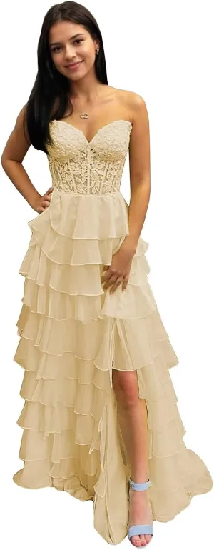 BANTRATIC Strapless Tiered Prom Dresses for Women Long Ruffle Corset Formal Evening Party Dress with Slit Lace Chiffon