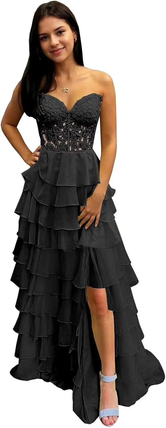 BANTRATIC Strapless Tiered Prom Dresses for Women Long Ruffle Corset Formal Evening Party Dress with Slit Lace Chiffon