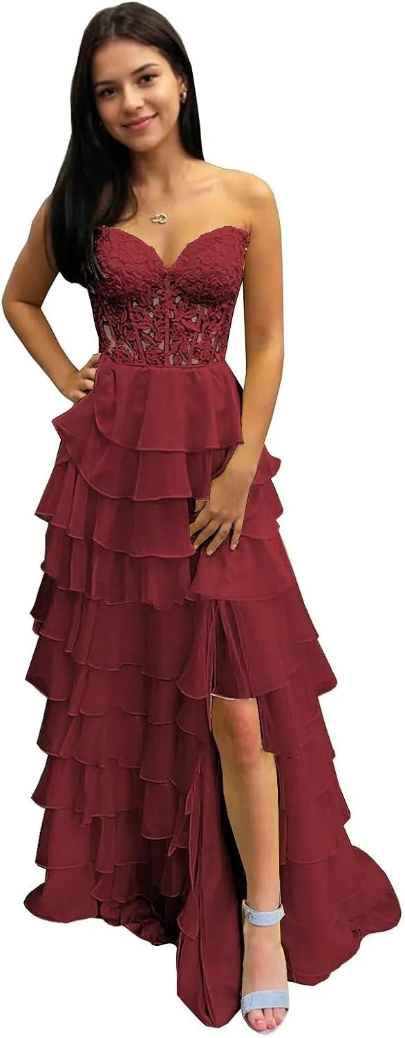 BANTRATIC Strapless Tiered Prom Dresses for Women Long Ruffle Corset Formal Evening Party Dress with Slit Lace Chiffon