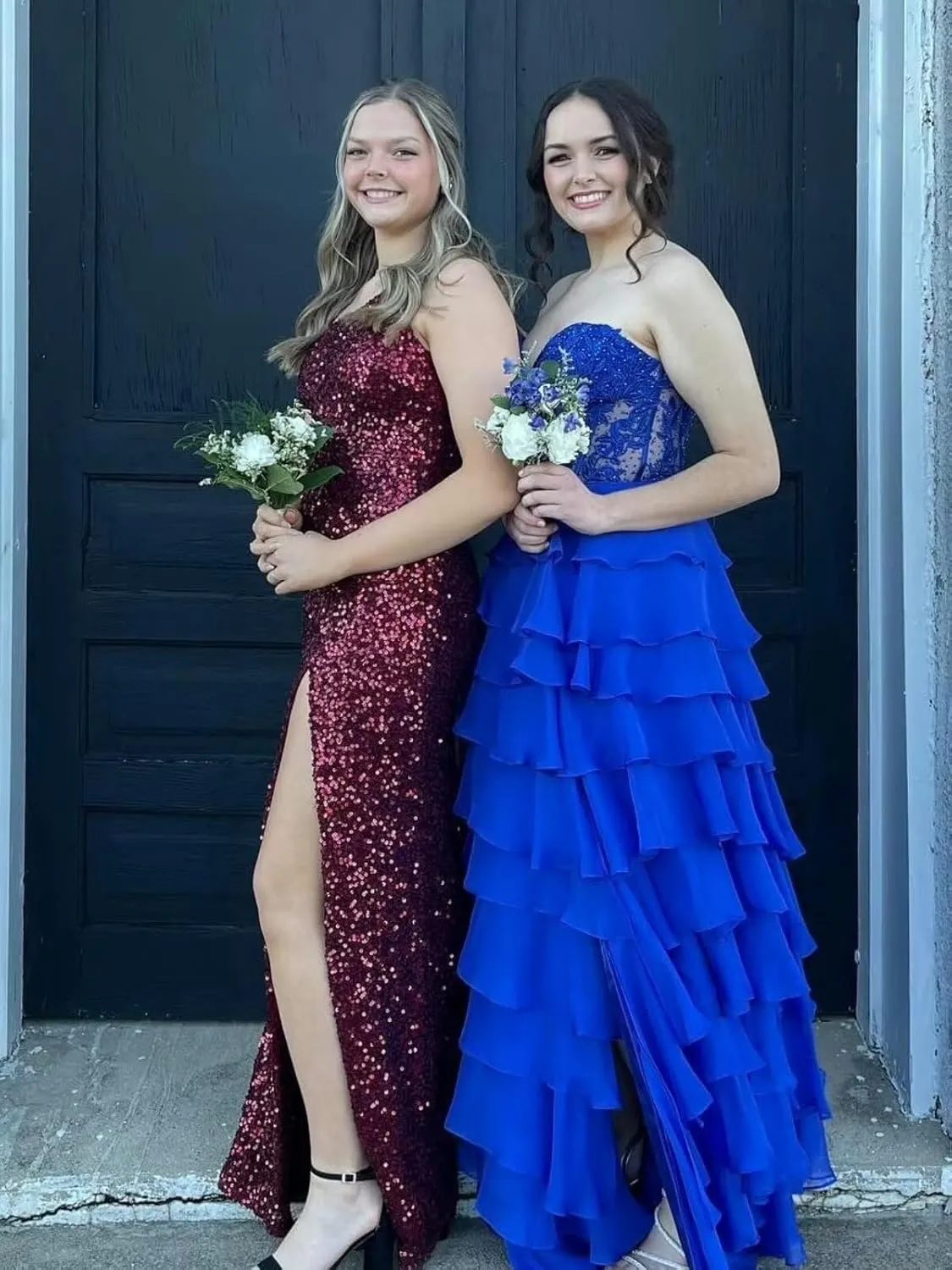 BANTRATIC Strapless Tiered Prom Dresses for Women Long Ruffle Corset Formal Evening Party Dress with Slit Lace Chiffon