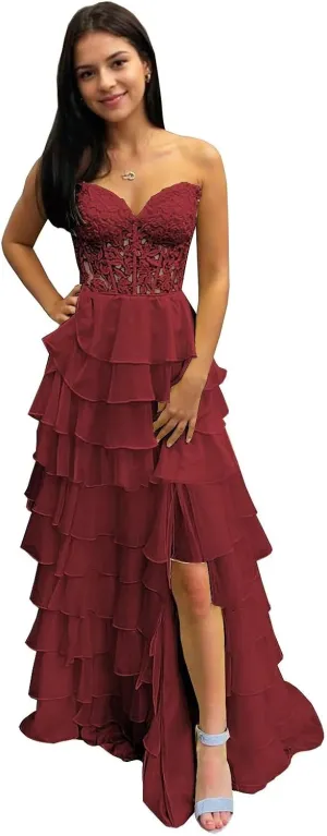 BANTRATIC Strapless Tiered Prom Dresses for Women Long Ruffle Corset Formal Evening Party Dress with Slit Lace Chiffon