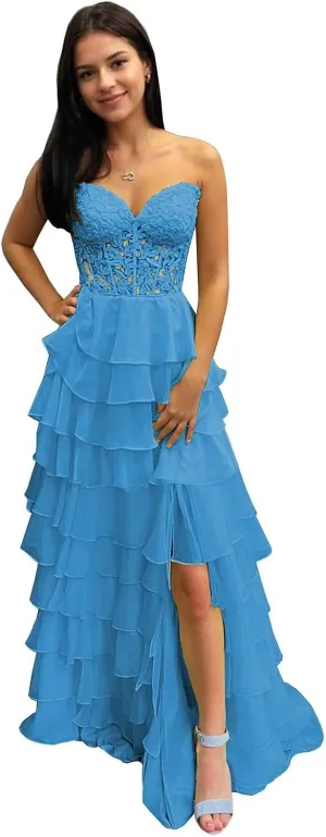 BANTRATIC Strapless Tiered Prom Dresses for Women Long Ruffle Corset Formal Evening Party Dress with Slit Lace Chiffon
