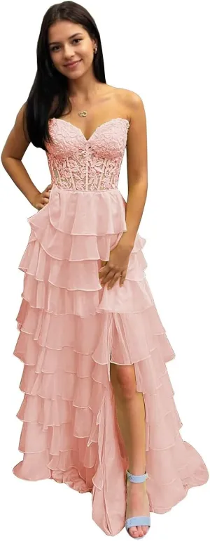 BANTRATIC Strapless Tiered Prom Dresses for Women Long Ruffle Corset Formal Evening Party Dress with Slit Lace Chiffon