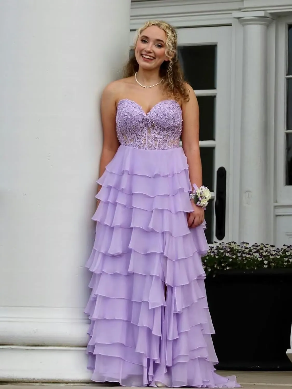 BANTRATIC Strapless Tiered Prom Dresses for Women Long Ruffle Corset Formal Evening Party Dress with Slit Lace Chiffon