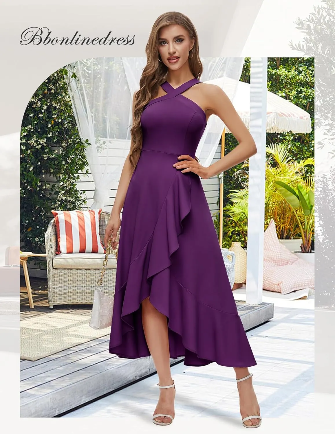 Bbonlinedress Halter Cocktail Women Dresses Prom Formal Wedding Bridesmaid Dress Ruffled Maxi Hi-Lo Evening Party 2025 Dress