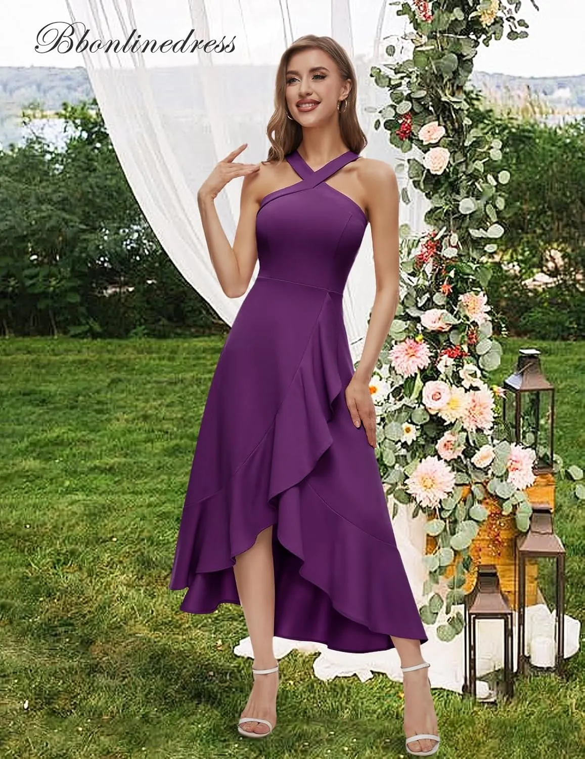 Bbonlinedress Halter Cocktail Women Dresses Prom Formal Wedding Bridesmaid Dress Ruffled Maxi Hi-Lo Evening Party 2025 Dress