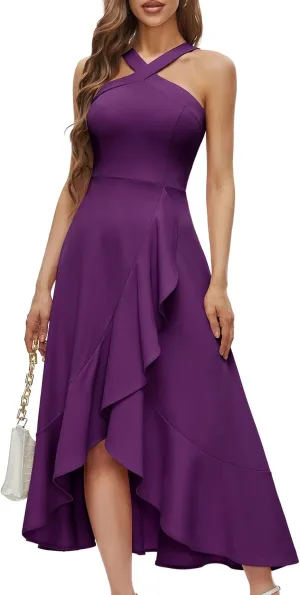 Bbonlinedress Halter Cocktail Women Dresses Prom Formal Wedding Bridesmaid Dress Ruffled Maxi Hi-Lo Evening Party 2025 Dress
