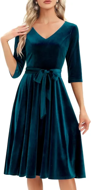 Bbonlinedress Long Sleeve Velvet Vintage Tea Dress Formal Cocktail Wedding Midi V-Neck Fit and Flare Dresses
