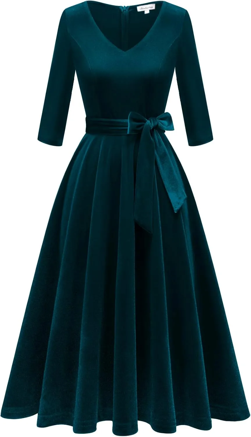 Bbonlinedress Long Sleeve Velvet Vintage Tea Dress Formal Cocktail Wedding Midi V-Neck Fit and Flare Dresses