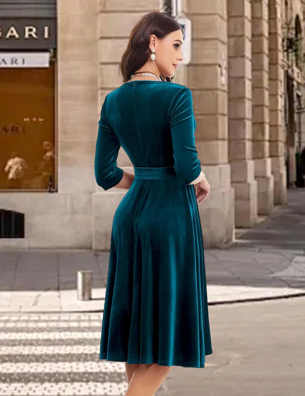 Bbonlinedress Long Sleeve Velvet Vintage Tea Dress Formal Cocktail Wedding Midi V-Neck Fit and Flare Dresses