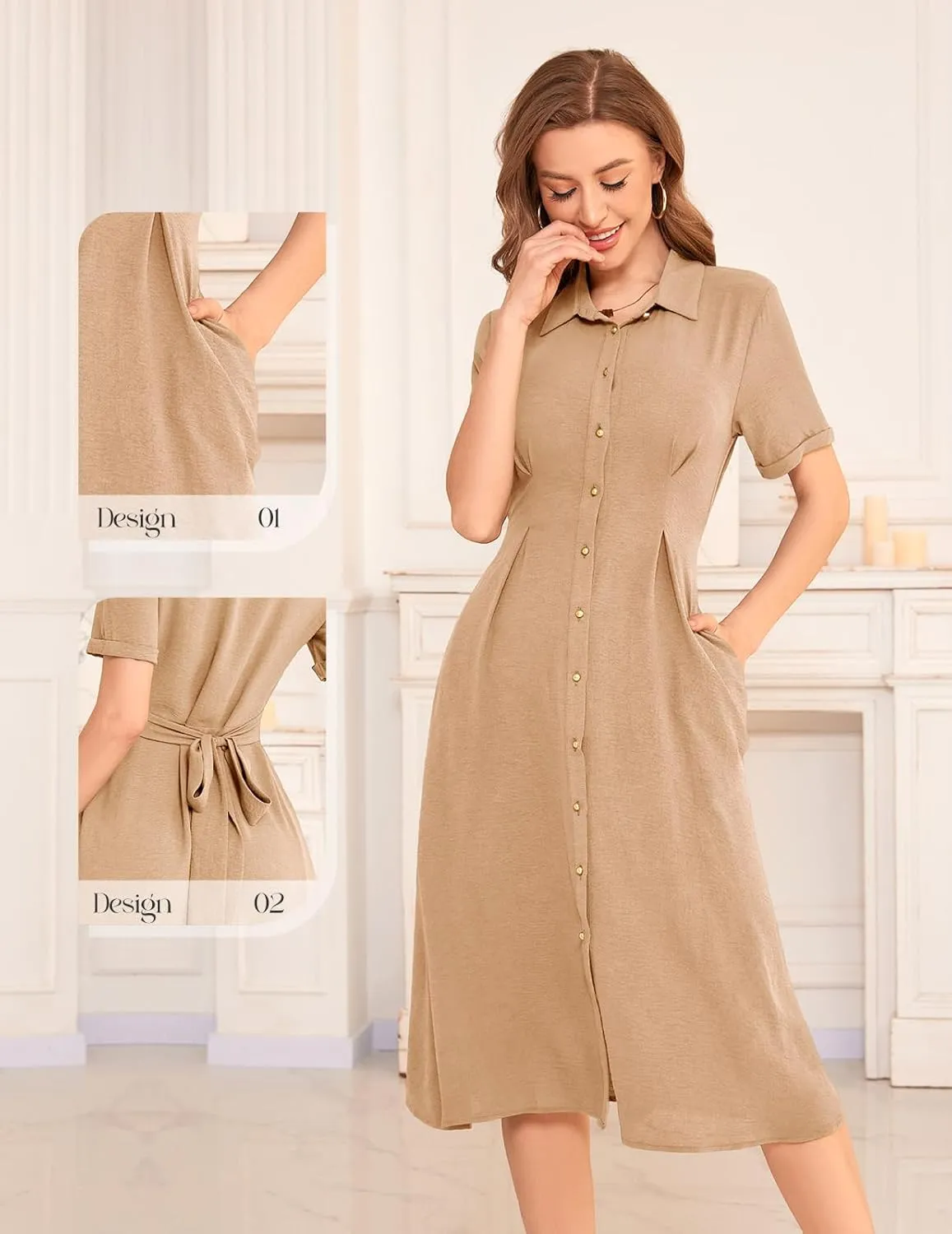 Bbonlinedress Women Summer Casual Work Button Down Shirt Dress Beach Wedding Guest Midi Short Sleeve Dresses with Pockets
