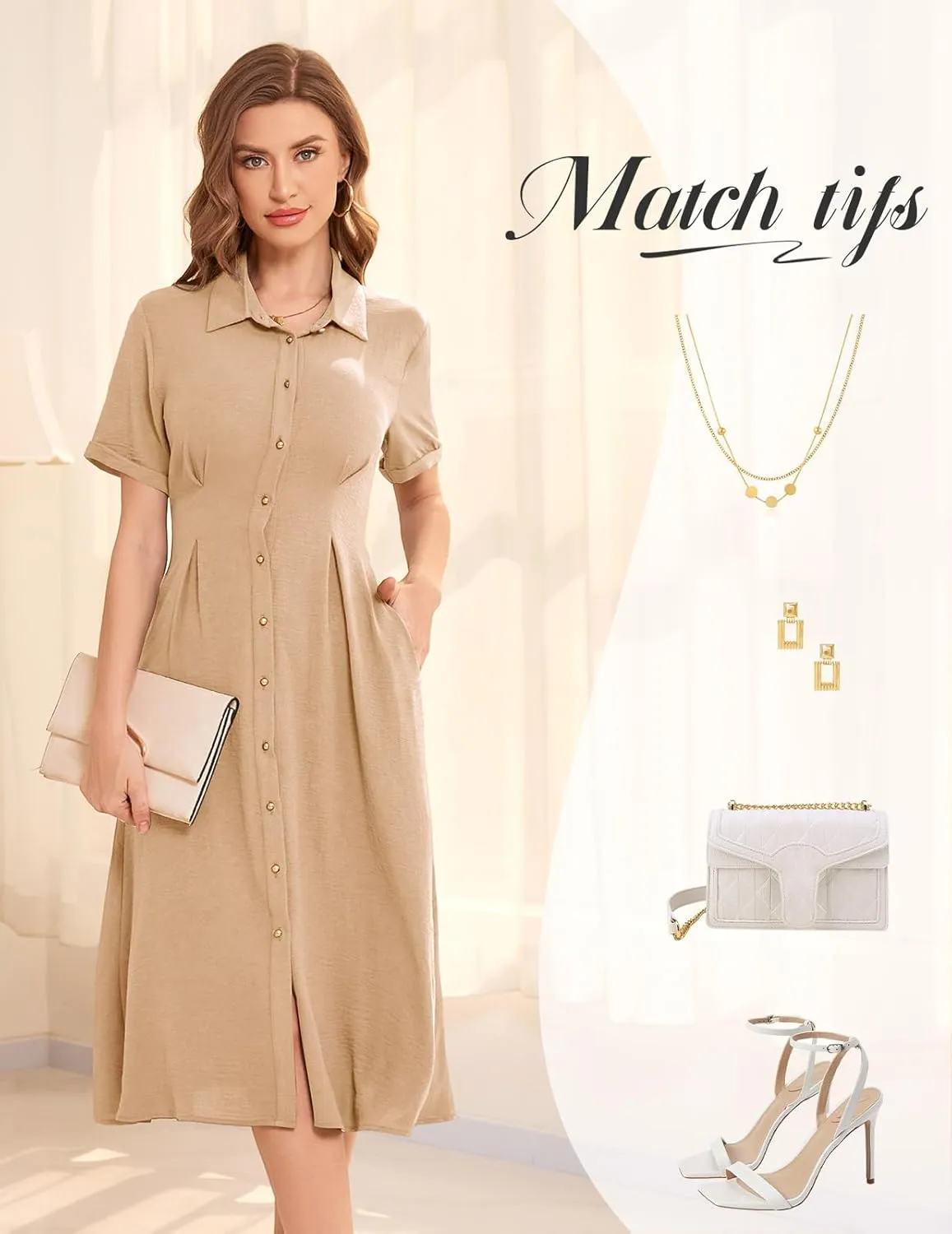 Bbonlinedress Women Summer Casual Work Button Down Shirt Dress Beach Wedding Guest Midi Short Sleeve Dresses with Pockets