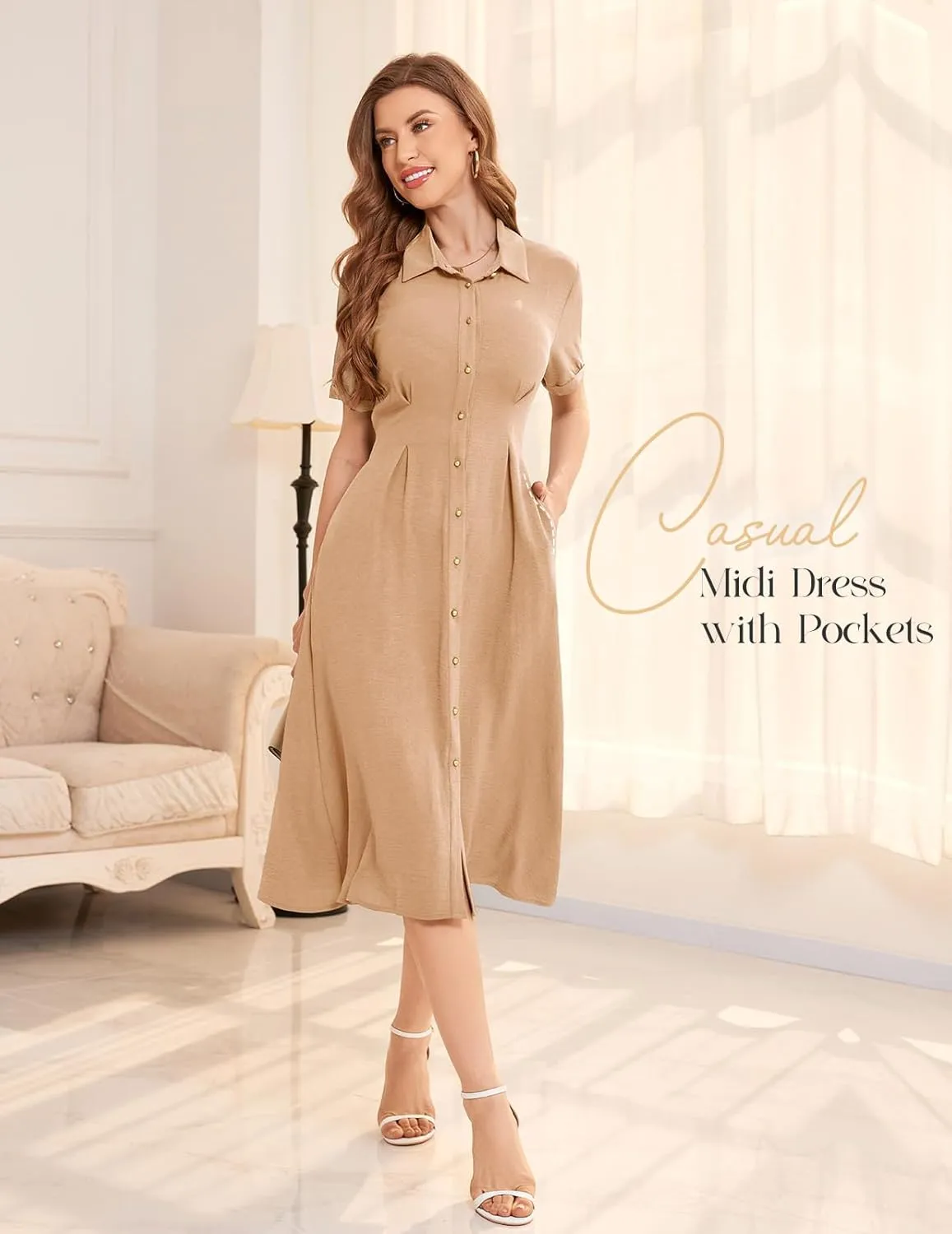 Bbonlinedress Women Summer Casual Work Button Down Shirt Dress Beach Wedding Guest Midi Short Sleeve Dresses with Pockets