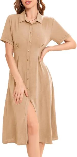 Bbonlinedress Women Summer Casual Work Button Down Shirt Dress Beach Wedding Guest Midi Short Sleeve Dresses with Pockets