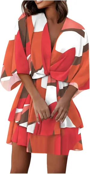 Beach Summer Dresses for Women 2025 Trendy Casual Sundress Ruffle Hawaiian Vacation Mini Dress V Neck Batwing Sleeve