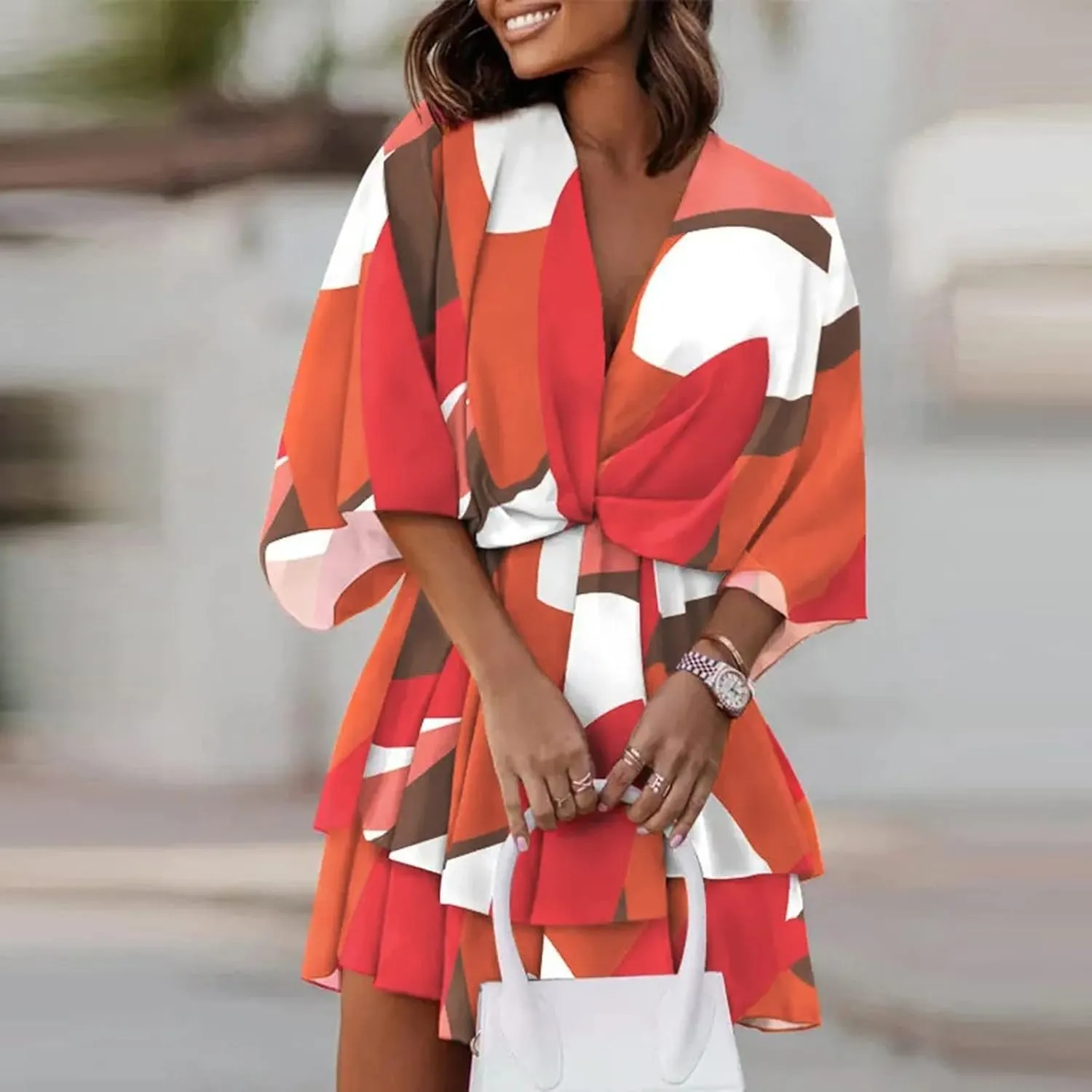 Beach Summer Dresses for Women 2025 Trendy Casual Sundress Ruffle Hawaiian Vacation Mini Dress V Neck Batwing Sleeve