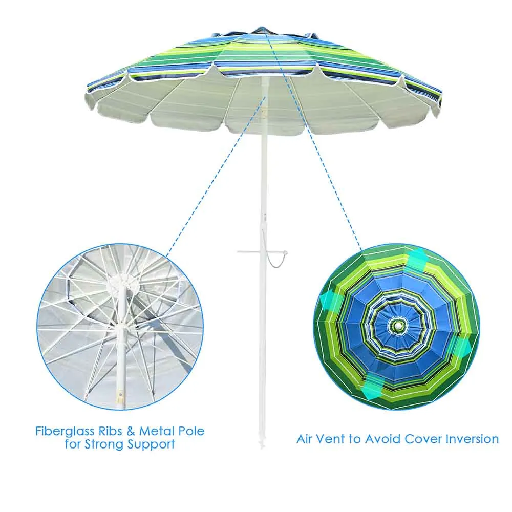 Beach Umbrella w/ Sand Anchor 7ft Tilt 12-Rib