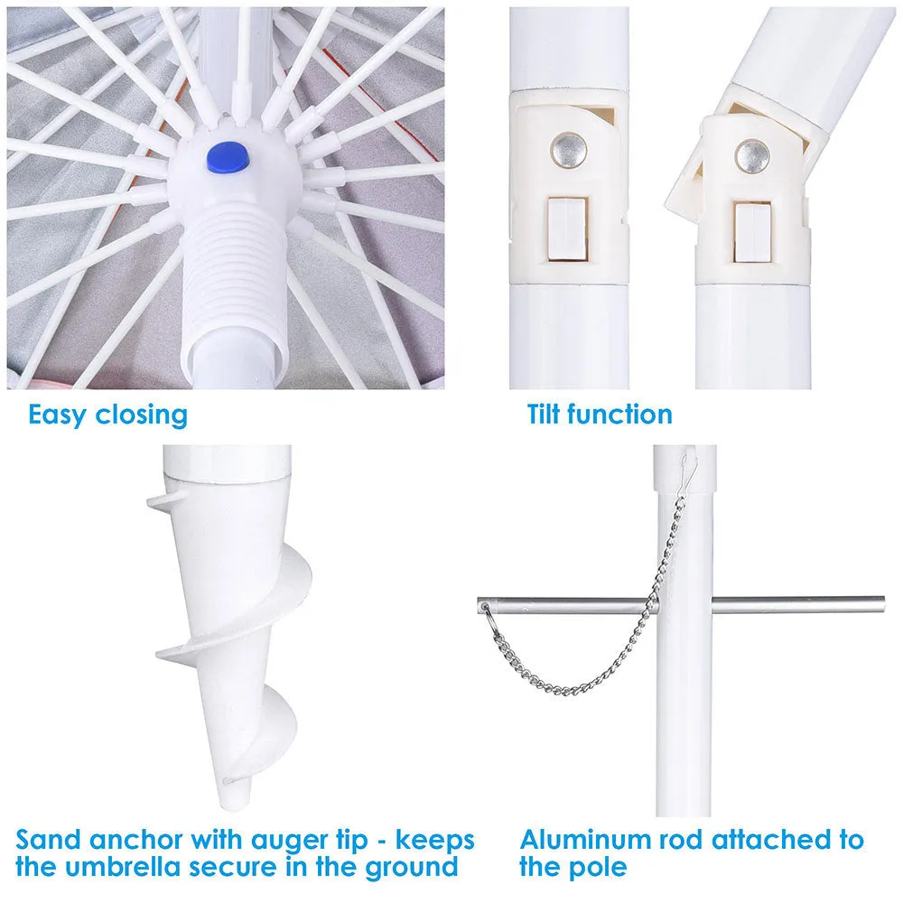 Beach Umbrella w/ Sand Anchor 7ft Tilt 12-Rib
