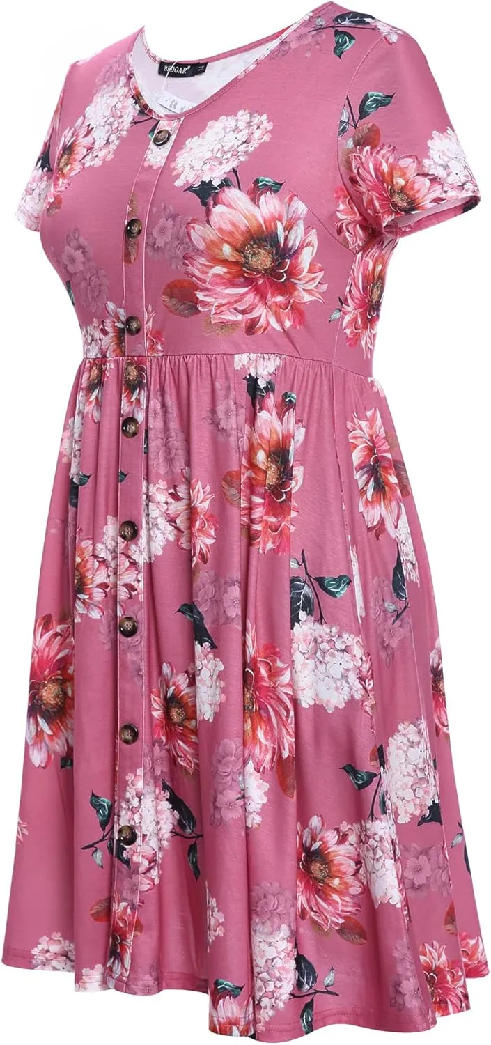 BEDOAR Women's Casual Plus Size Dress V-Neck Knee-Length A-Line Party Cocktail Swing Dress with Pockets