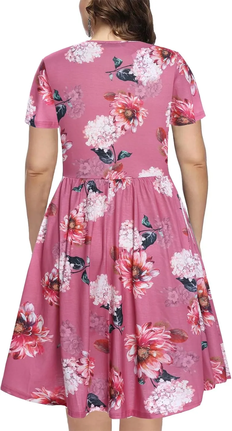 BEDOAR Women's Casual Plus Size Dress V-Neck Knee-Length A-Line Party Cocktail Swing Dress with Pockets