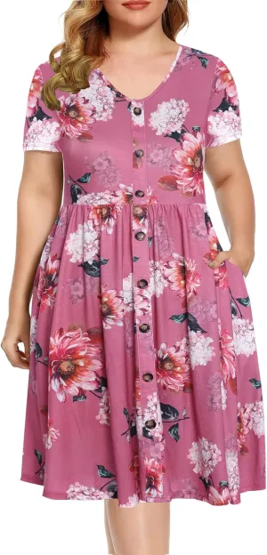 BEDOAR Women's Casual Plus Size Dress V-Neck Knee-Length A-Line Party Cocktail Swing Dress with Pockets