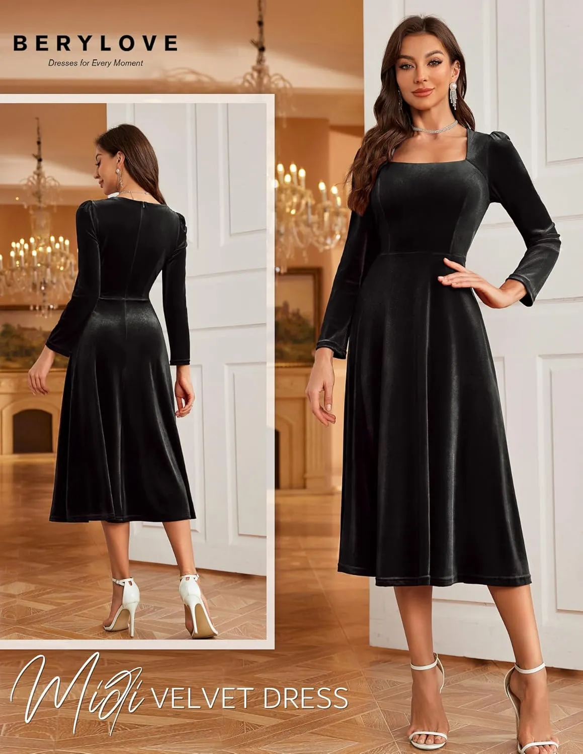 BeryLove Women Velvet Dress Cocktail Party Evening Dresses Long Sleeve Wedding Guest Formal Dresses