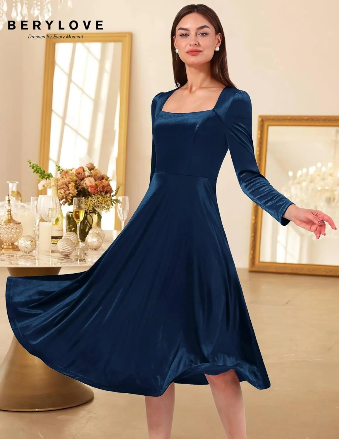 BeryLove Women Velvet Dress Cocktail Party Evening Dresses Long Sleeve Wedding Guest Formal Dresses