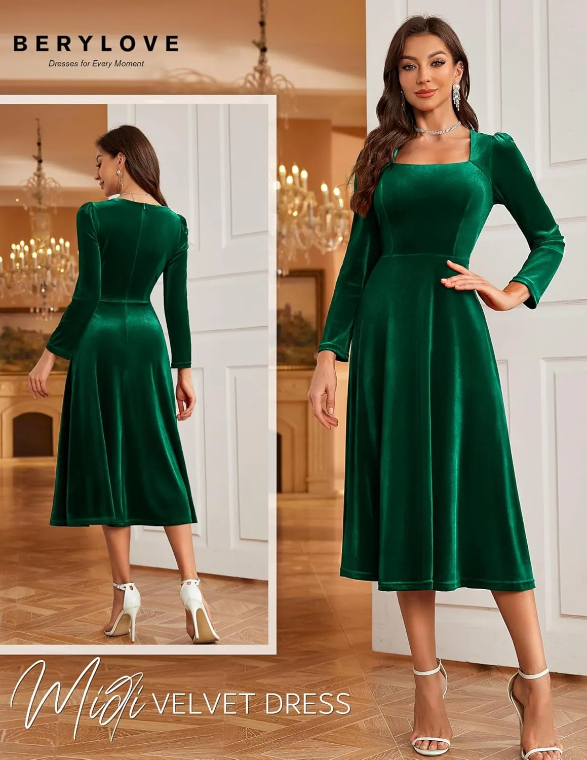 BeryLove Women Velvet Dress Cocktail Party Evening Dresses Long Sleeve Wedding Guest Formal Dresses