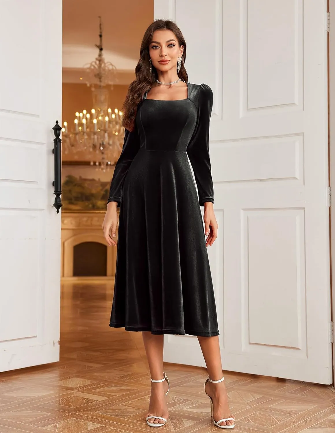 BeryLove Women Velvet Dress Cocktail Party Evening Dresses Long Sleeve Wedding Guest Formal Dresses