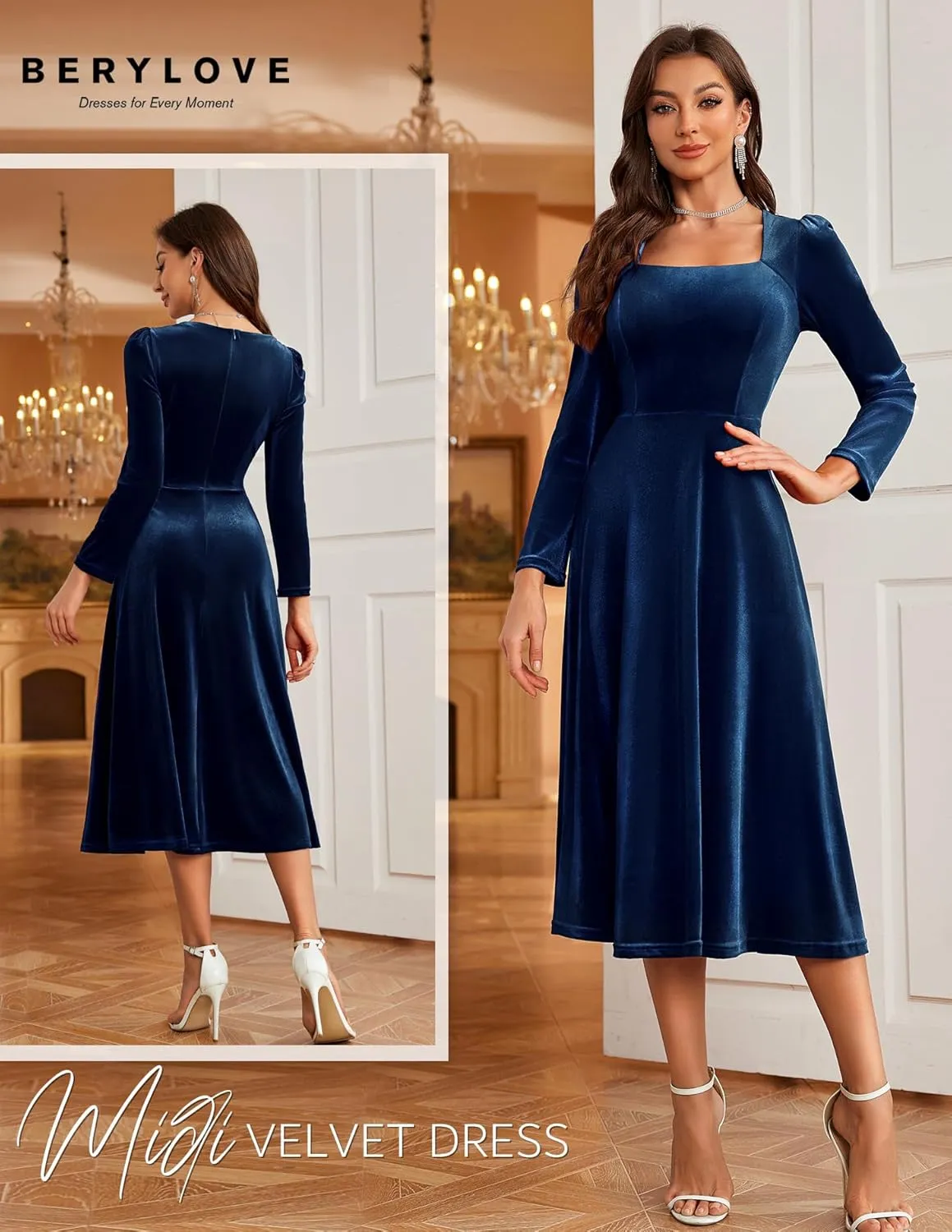 BeryLove Women Velvet Dress Cocktail Party Evening Dresses Long Sleeve Wedding Guest Formal Dresses