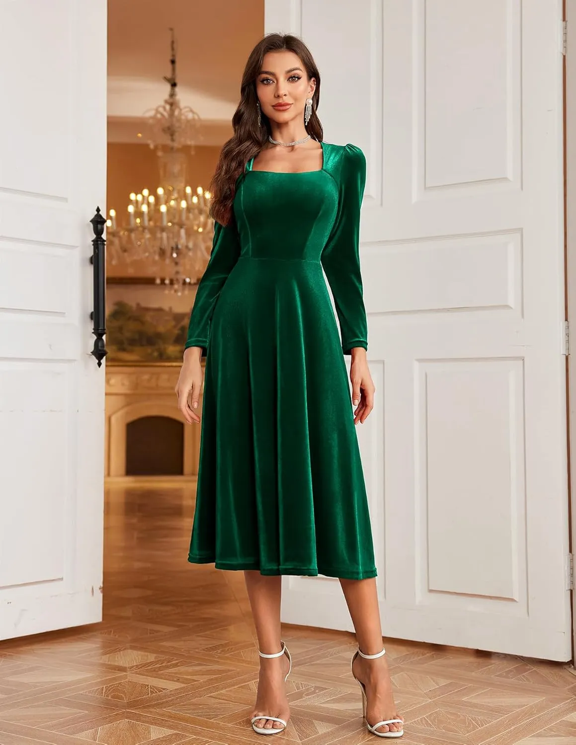 BeryLove Women Velvet Dress Cocktail Party Evening Dresses Long Sleeve Wedding Guest Formal Dresses