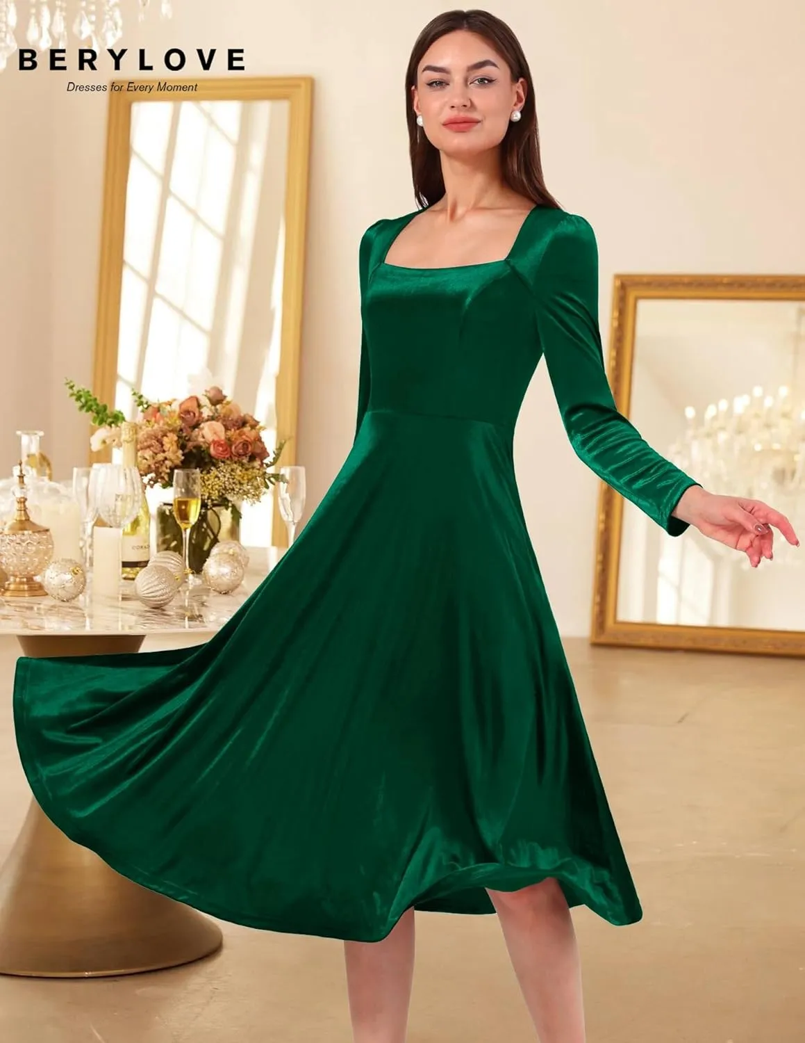 BeryLove Women Velvet Dress Cocktail Party Evening Dresses Long Sleeve Wedding Guest Formal Dresses