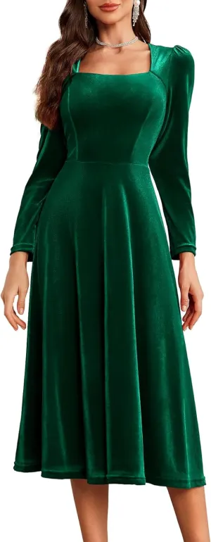 BeryLove Women Velvet Dress Cocktail Party Evening Dresses Long Sleeve Wedding Guest Formal Dresses