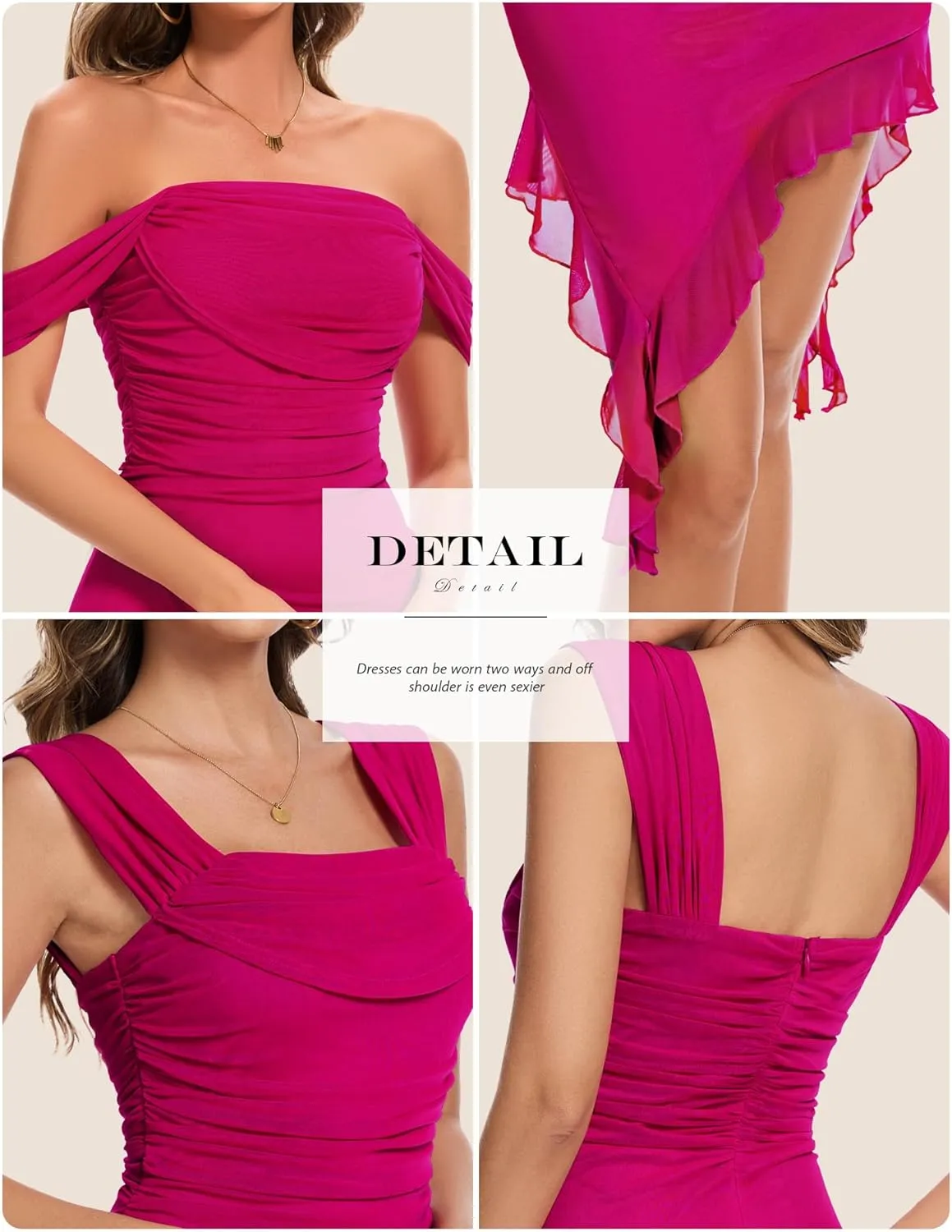 BeryLove Womens Sexy Off Shoulder Mesh Midi Wedding Guest Dresses Ruched Bodycon Ruffled Cocktail Dress
