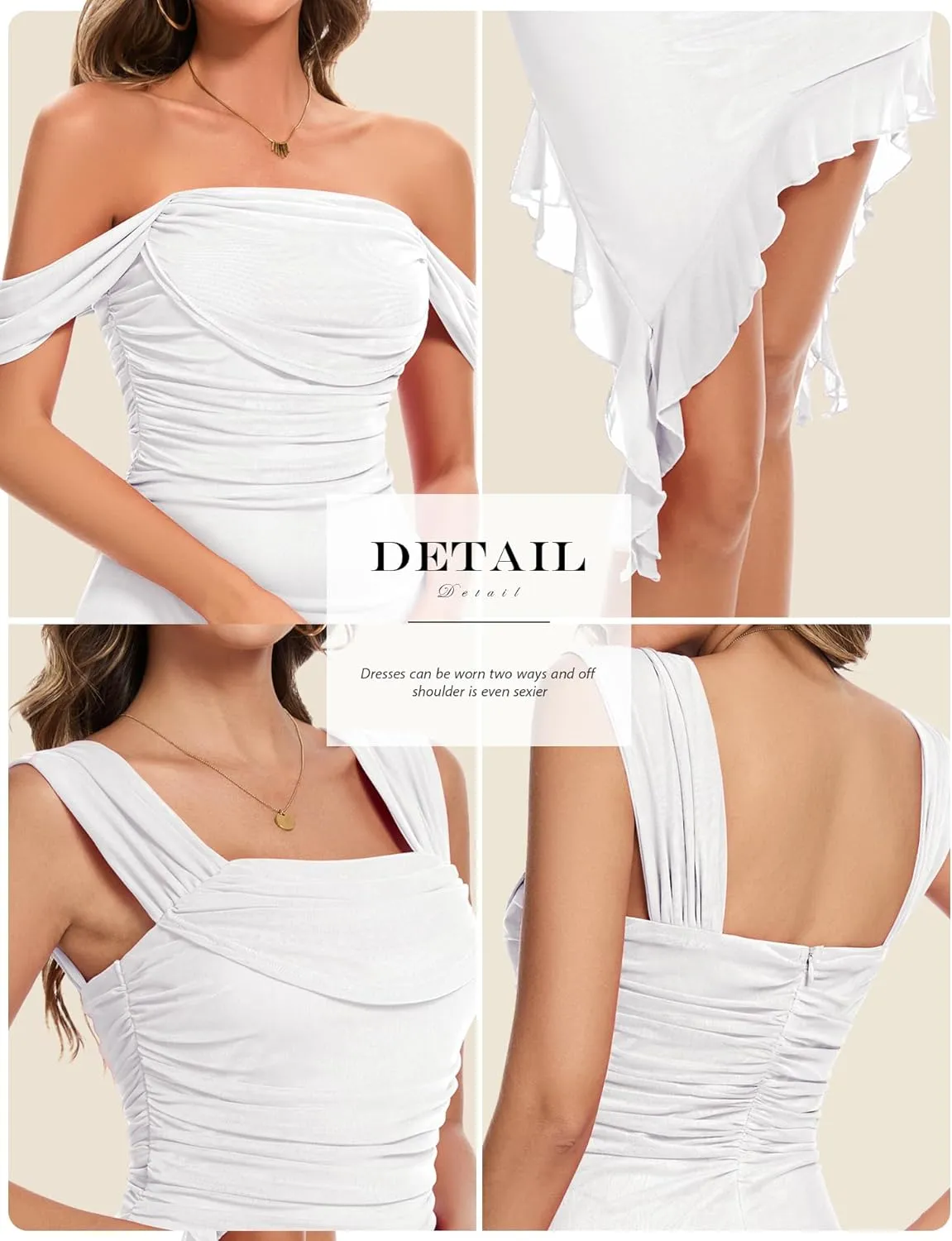 BeryLove Womens Sexy Off Shoulder Mesh Midi Wedding Guest Dresses Ruched Bodycon Ruffled Cocktail Dress