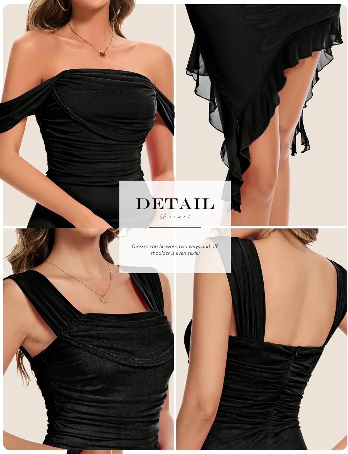 BeryLove Womens Sexy Off Shoulder Mesh Midi Wedding Guest Dresses Ruched Bodycon Ruffled Cocktail Dress