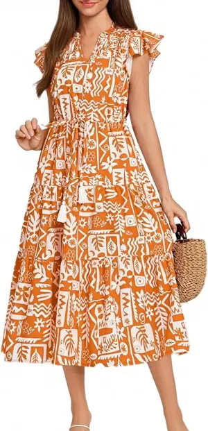 Boho Maxi Dress for Women Spring Short Sleeve Simple Belted Sundress V-Neck Casual Vacation High Waist Long Dress