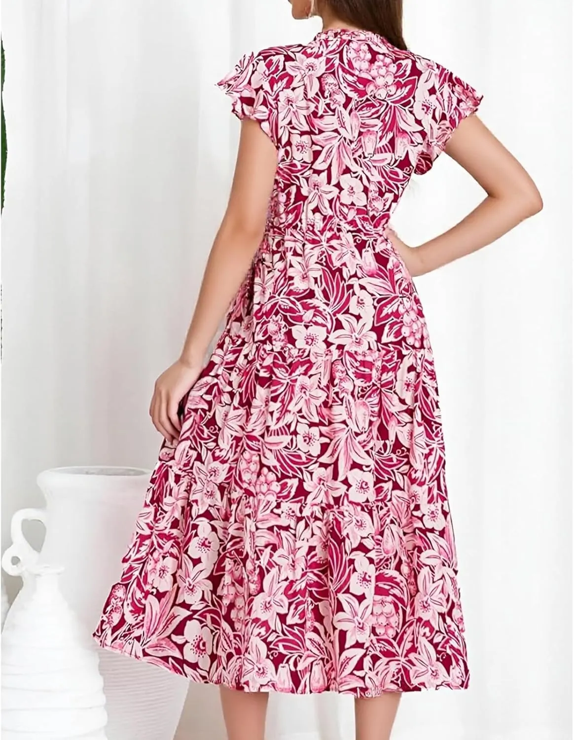 Boho Maxi Dress for Women Spring Short Sleeve Simple Belted Sundress V-Neck Casual Vacation High Waist Long Dress