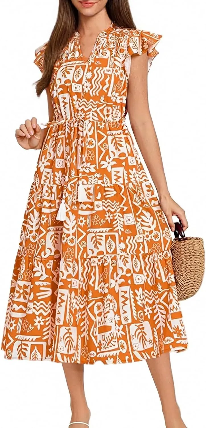 Boho Maxi Dress for Women Spring Short Sleeve Simple Belted Sundress V-Neck Casual Vacation High Waist Long Dress