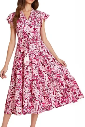 Boho Maxi Dress for Women Spring Short Sleeve Simple Belted Sundress V-Neck Casual Vacation High Waist Long Dress