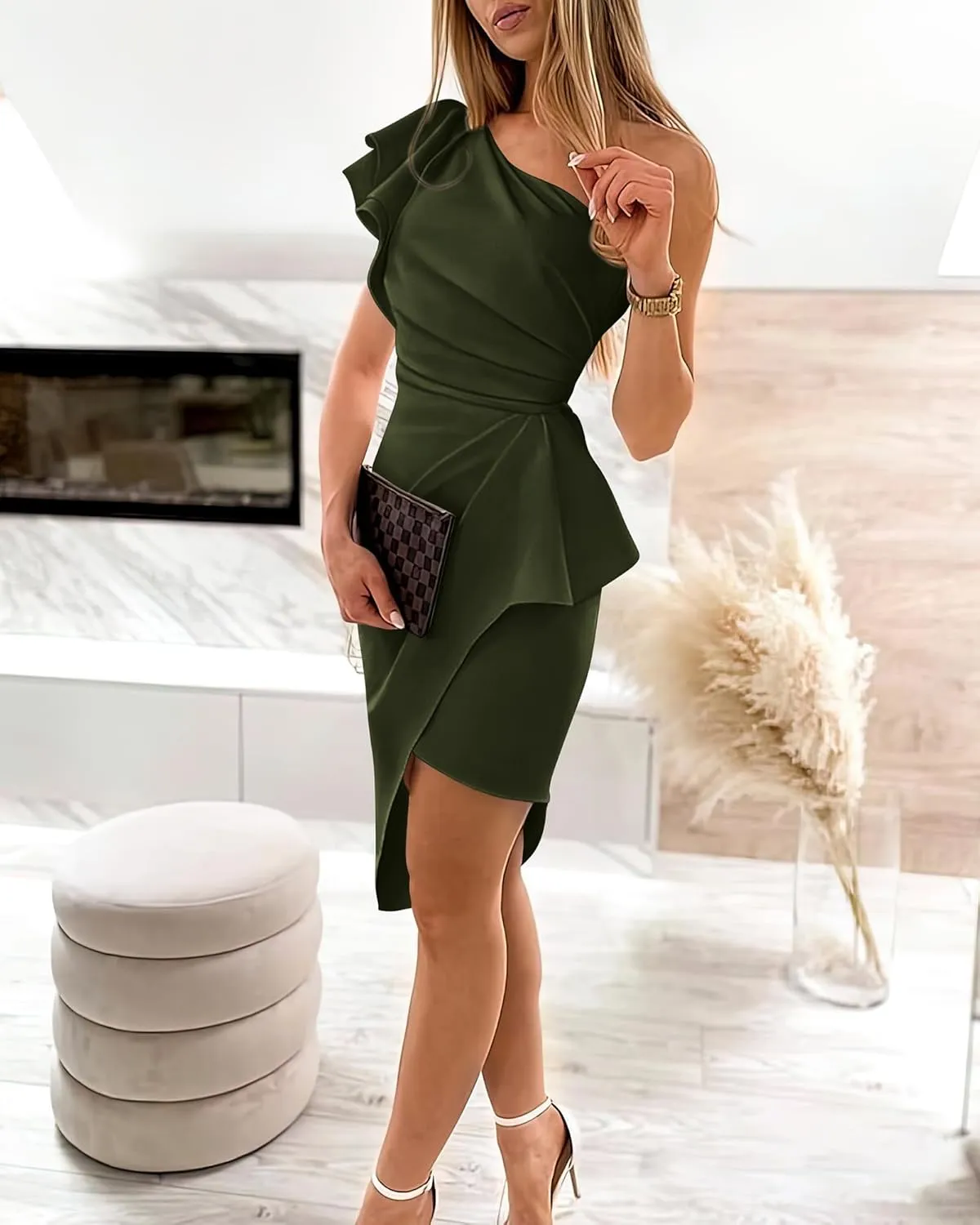 BTFBM Women 2025 Summer Fashion Elegant One Shoulder Cocktail Dress Ruffle Sleeve Wrap Ruched Bodycon Short Party Dresses